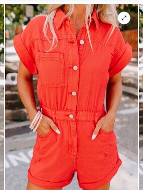 Red Short-Sleeve Denim Romper